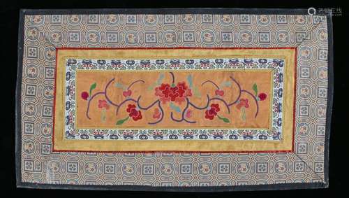 Chinese silk panel, Qing Dynasty, of flowers and multiple borders, 39cm x 22cm