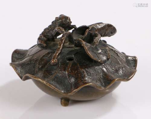 Japanese bronze censor, of small size, with a lotus leaf and frog above, 6.5cm wide