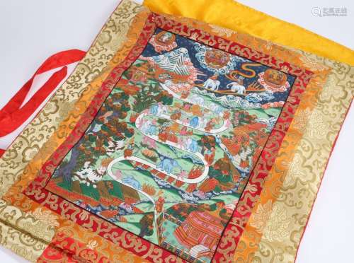 Oriental silk and polychrome painted thangka, depicting the life of Buddha, 99cm x 64cm