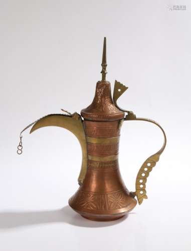 Middle Eastern copper and brass coffee pot, with foliate decoration, 34.5cm high