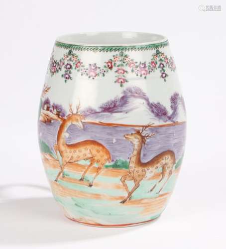 Chinese Qianlong period export mug, decorated with two stags in a river landscape with houses in the