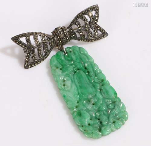 Chinese jade brooch, the pierced carved jade depiction with depictions of fruit, above a marcasite