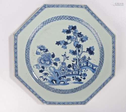 Japanese octagonal blue and white plate, decorated with a landscape scene with trees, flowers and