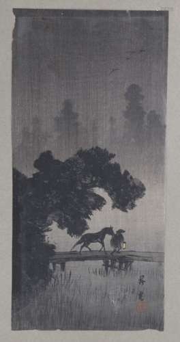 Chinese watercolour, of a figure with a lantern and horse heading across a bridge, character marks