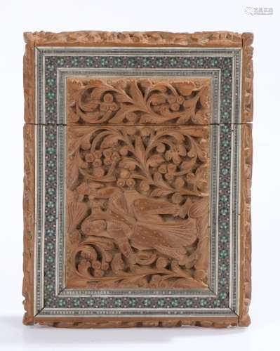 Indian carved hardwood card case, with mosaic marquetry inlay and carved panels depicting a lady and