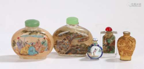 Five Chinese snuff bottles, to include two with figural, landscape and script decoration,
