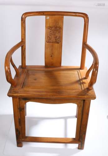 Chinese carver chair, the curved splat with carved foliate decoration, panelled seat, raised on