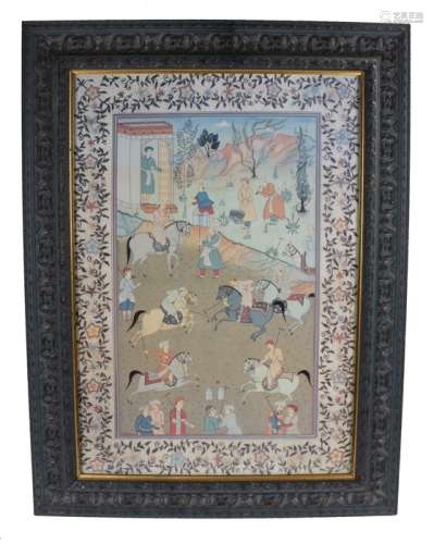 Indian print depicting figures playing polo, housed in a blue scroll decorated glazed frame, the