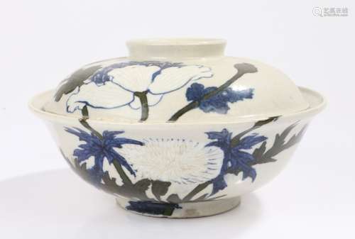 Japanese porcelain dish and cover, decorated with blue and green flower and leaf design, 22cm