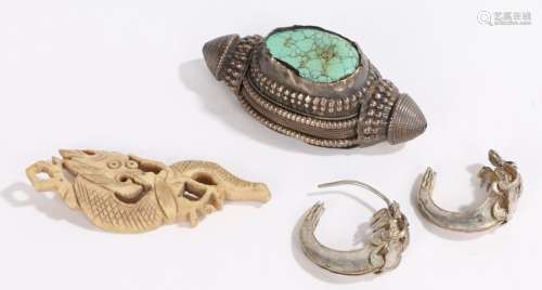 Chinese objects, to include a pair of silver earrings, a turquoise set pendant and a bone dragon, (