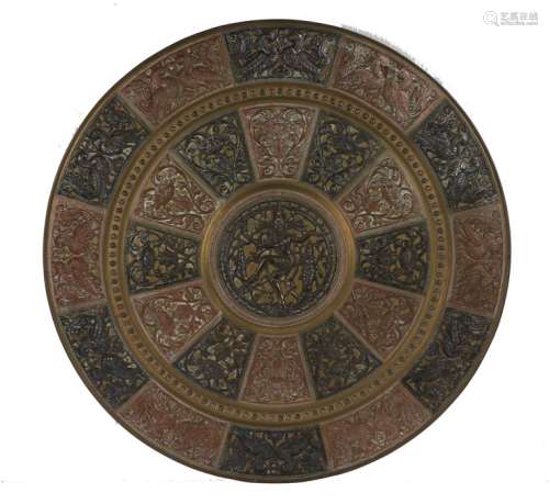 Substantial Indian brass, copper and white metal wall plaque, with central deities surrounded by