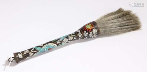 Chinese cloisonne fly whisk, the black ground with dragon decoration, 40cm long