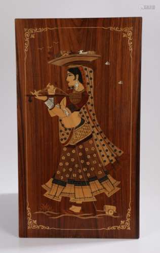 Indian marquetry picture depicting a young lady with a basket on her head playing a musical