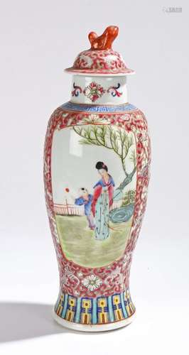 Chinese porcelain vase and cover, the foliate domed cover with dog of fo form finial, the body