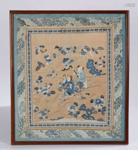 Japanese embroidered silk panel depicting a figure riding a dragon followed by a figure carrying a
