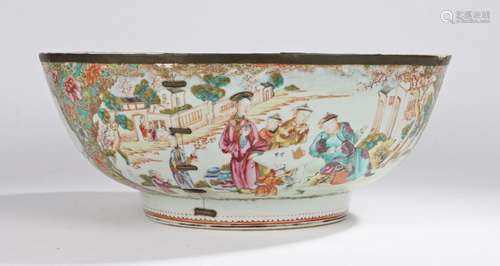 Large Chinese porcelain punch bowl, Qianlong period, depicting figures at leisure drinking tea