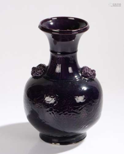 Chinese porcelain vase, the aubergine glaze body with raised dog of fo handles and dog of fo