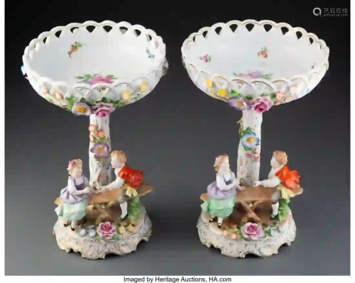 27252: A Pair of German Polychrome Porcelain Compotes,