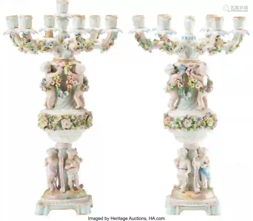 27263: A Pair of German Polychromed Porcelain Candelabr