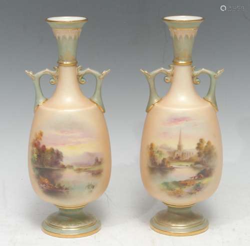 A pair of Royal Worcester two handled vases, each painted possibly by Harry Davis, with landscapes