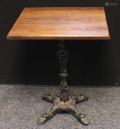 A cast iron and oak pub table, square top, 71cm high, 59cm wide