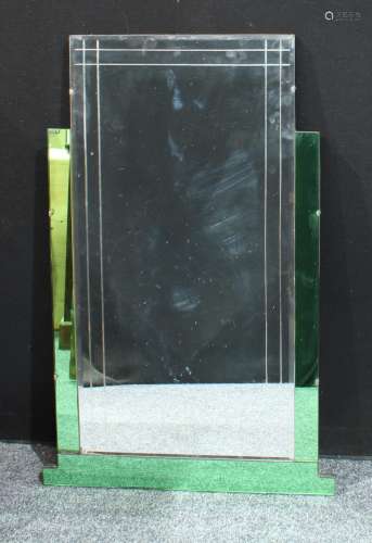 A 1950s wall mirror, bevelled with green and clear glass, 100cm x 66cm