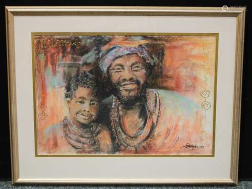 Estelle Hartley, Zulu Father and Son Family Group, signed, pastel and mixed media, 46cm x 68cm