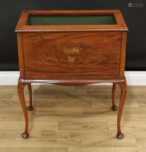 A Sheraton Revival mahogany and marquetry floor-standing bloom trough, moulded top, the front inlaid