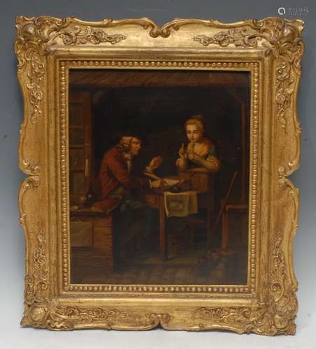 Dutch School (18th century) The Writing Master oil on tin, 30cm x 25.5cm