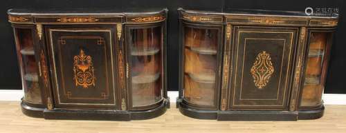 A near pair of Victorian ebonised and marquetry credenzas, each with moulded top above a rectangular