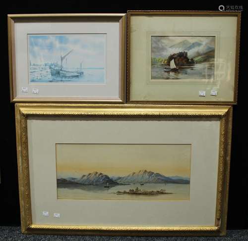 ** Earp View Across the Lake with Mountains in the Distance signed, watercolour, 23cm x 53cm; two