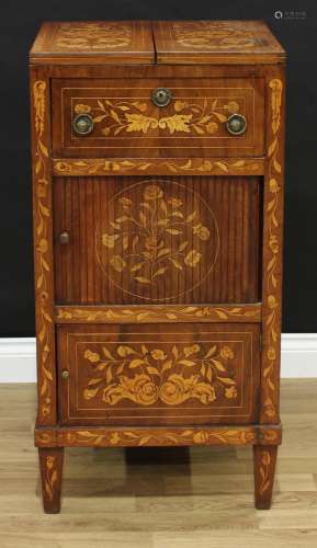A 19th century Dutch mahogany and marquetry washstand, rectangular top with twin covers above a