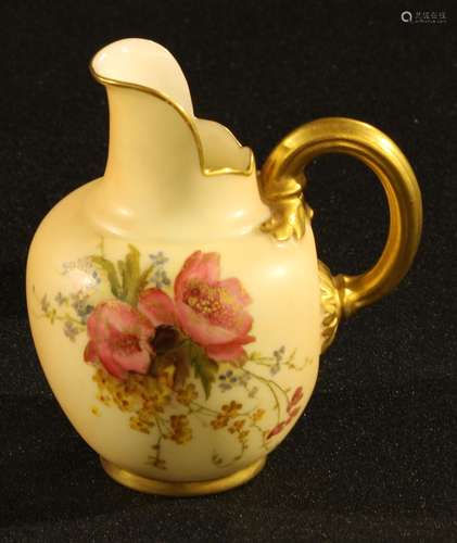 A Royal Worcester blush ivory ovoid jug, printed and painted with summer flowers, picked out in