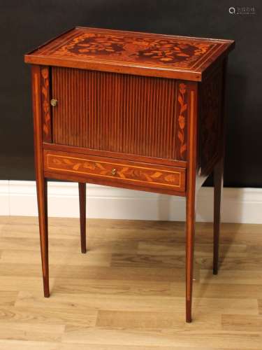 A 19th century Dutch mahogany and marquetry tambour-front side cabinet, rectangular top, drawer to