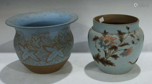 A late 19th century Langley Ware jardiniere, incised decoration of flowers in tones of pink, blue