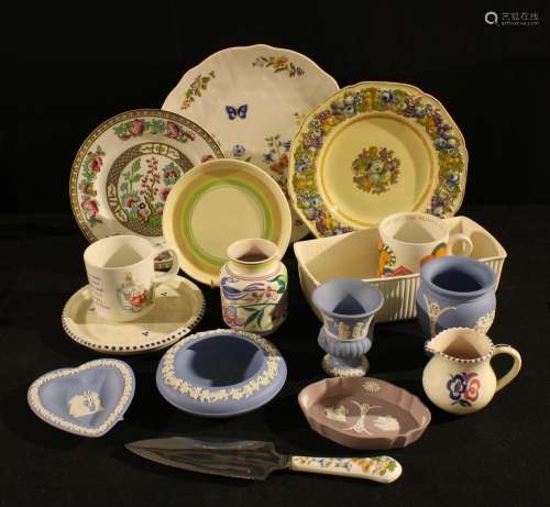 A Clarice Cliff Bizarre tea pot stand; a Wedgwood Jasperware vase, heart shaped trinket dish, etc; a