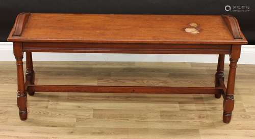 A Victorian mahogany window seat, rectangular top with arched reeded ends, turned legs, H-stretcher,