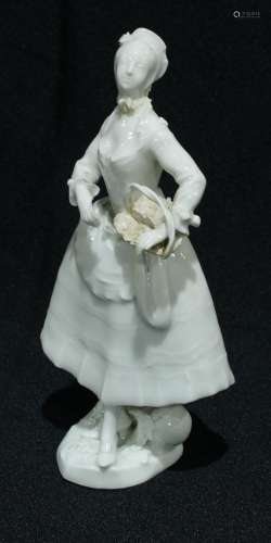 A Vienna figure, in the white, of a lady, holding a basket, 16cm high, Beehive mark