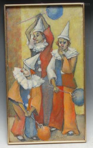 M Wieland Clowns signed dated 87, oil on board, 61cm x 34cm