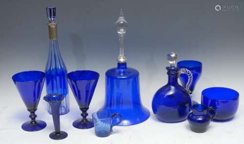 A Victorian blue glass bell, clear glass handle, 37cm high, c.1880; a pair of Victorian wine