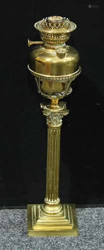 A 19th century brass Corinthian column oil lamp, L&B French reservoir and burner, 64cm high overall