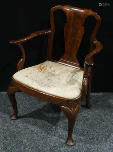 A Queen Anne design mahogany open armchair, of broad proportions, 'cupids bow' cresting rail,