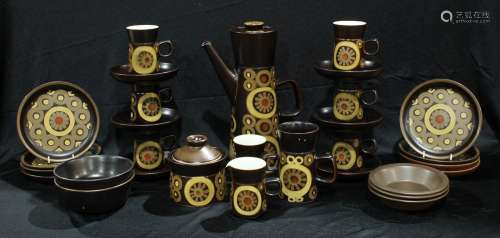 A Denby Arabesque pattern coffee set, comprising tall coffee pot, seven mugs, six saucers, milk