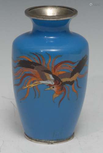 A Chinese cloisonne enamel ovoid vase, decorated in polychrome with a phoenix, on a pale blue