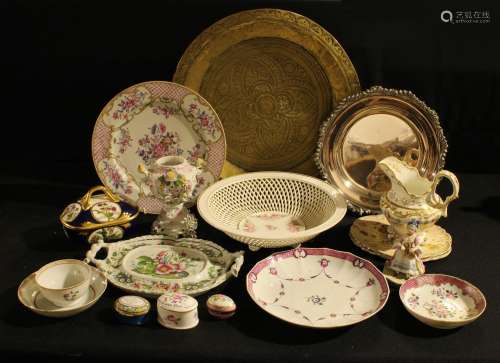 A late 18th century Chinese polychrome plate, tea bowl and saucer; other 18th/19th century English