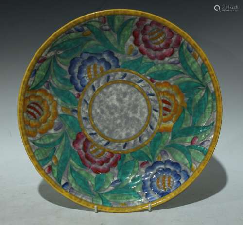 A Crown Ducal Charlotte Rhead circular plate, tube lined with large flowerheads in pink, yellow
