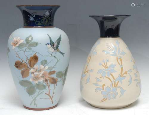 A Langley Ware ovoid vase, impasto decorated with blue tit, flowers and foliage, in colours,