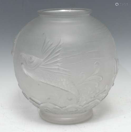 A French Art Deco frosted globular vase, in relief with Koi carp amongst fronds, 28cm high, marked