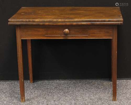 A George III mahogany rectangular tea table, folding top above a small central drawer to frieze,