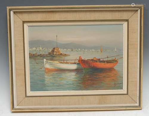 Neapolitan School Moored Rowing Boats indistinctly signed A Buc*, oil on board, 23.5cm x 33.5cm